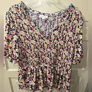Indigo Rose Multicolor Floral V-neck Peplum Smocked Top EUC Size: 2X